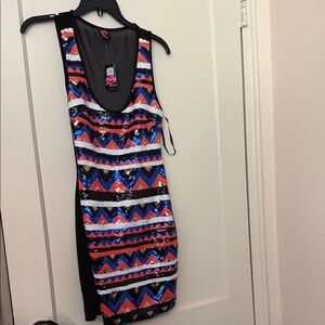 2B Bebe Black Sequin Mini Dress with Red, Blue & White Chevron